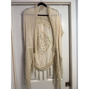 Hippie Festival Cream Boho Crochet Lace Fringe Kimono Cardigan Shawl Sm Med